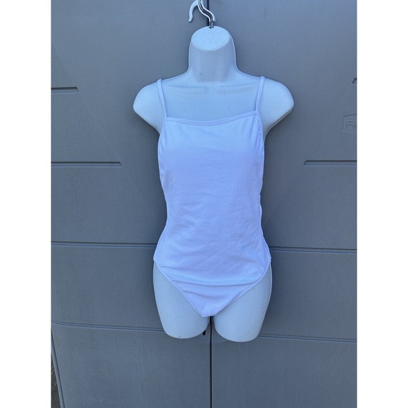 Andie Swim The Paloma White Ribbed One Piece Swimsuit Lace Back Square Neck Sz M - Picture 11 of 16